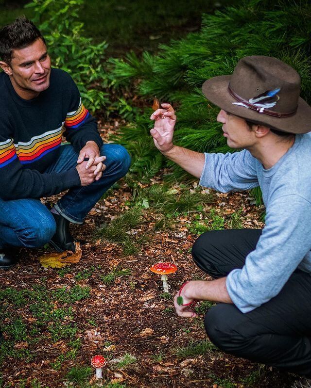 Two people in the forest looking at mushrooms